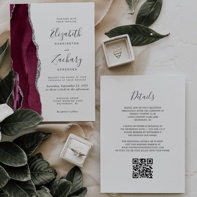 Invitación Boda Código QR Ágata Plateada Burgundy Moderna (Subido por el creador)