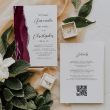 Boda Código QR Ágata Plateada Rojo Borgoña