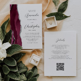 Invitación Boda Código QR Ágata Plateada Rojo Borgoña