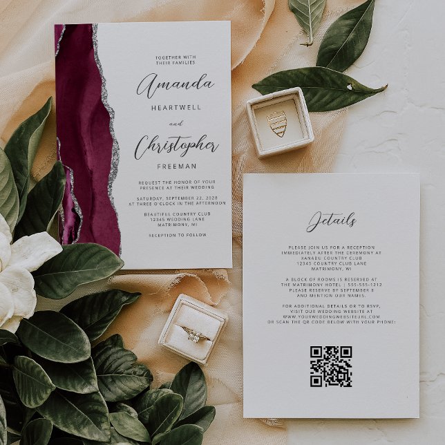 Invitación Boda Código QR Ágata Plateada Rojo Borgoña (Subido por el creador)