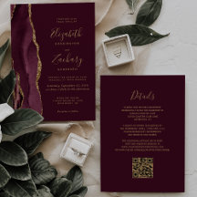 Boda Código QR Ágata Roja Borgoña Moderna Dorada