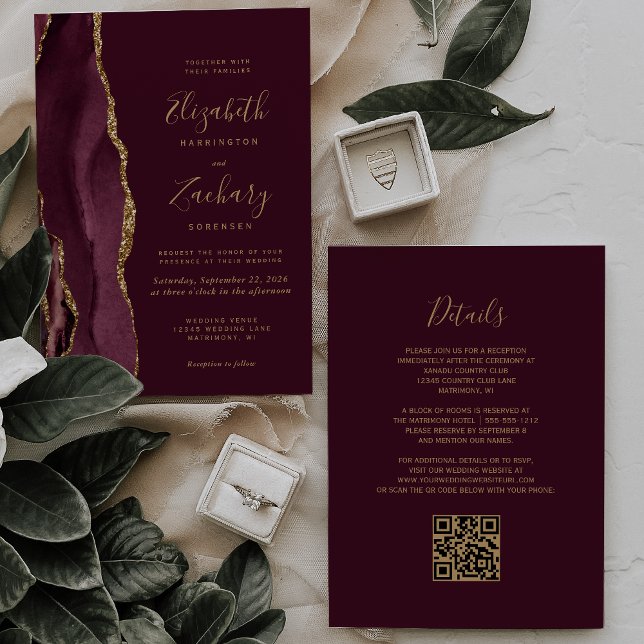 Invitación Boda Código QR Ágata Roja Borgoña Moderna Dorada (Subido por el creador)