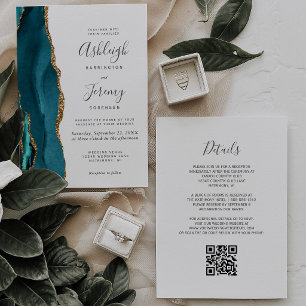 Invitación Boda Código QR Ágata Teal Gold