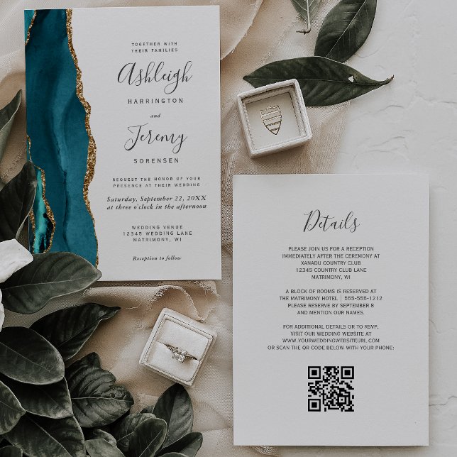 Invitación Boda Código QR Ágata Teal Gold (Subido por el creador)