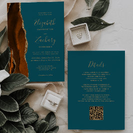 Invitación Boda Código QR Ágata Verde Naranja Quemado Dorado