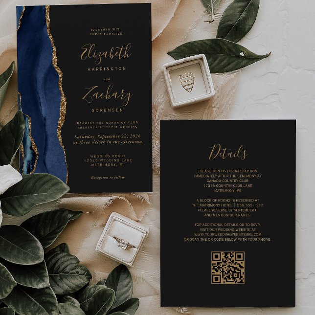 Invitación Boda Código QR Agate Dorado Azul Marino Oscuro (Subido por el creador)