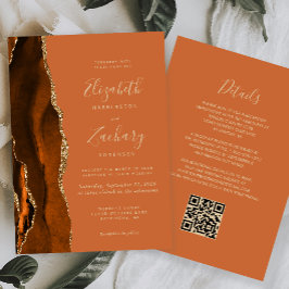 Invitación Boda Código QR Agate Dorado Naranja Quemada