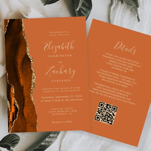 Invitación Boda Código QR Agate Dorado Naranja Quemada (Subido por el creador)