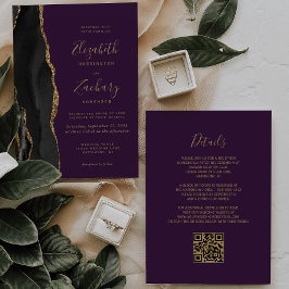 Invitación Boda Código QR Agate Púrpura Oro Negro