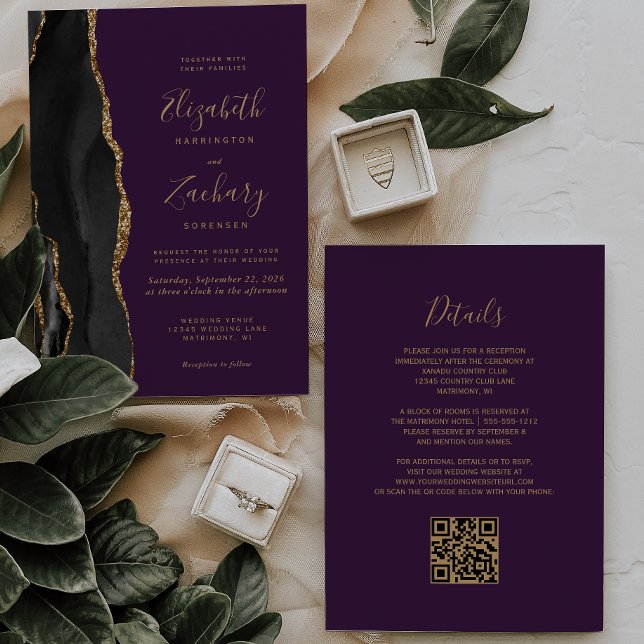 Invitación Boda Código QR Agate Púrpura Oro Negro (Subido por el creador)
