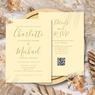 Invitación Boda Código QR Amarillo y Dorado de Botón de Oro