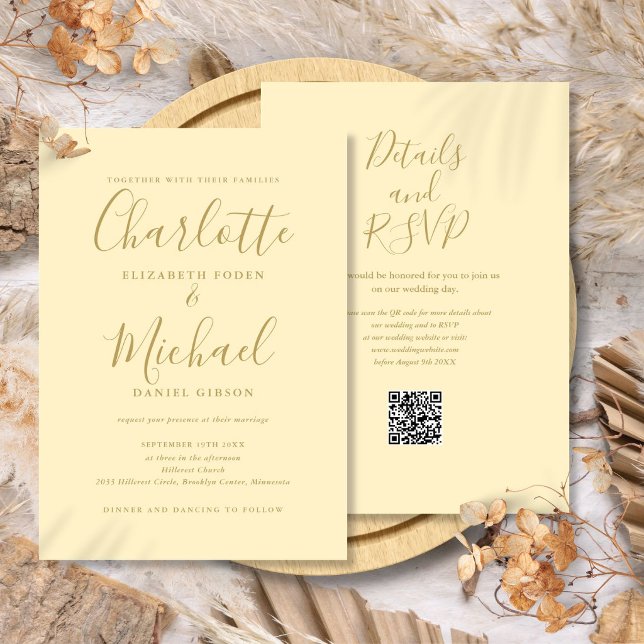 Invitación Boda Código QR Amarillo y Dorado de Botón de Oro (Buttercup Yellow and Gold QR Code Wedding Invitation)