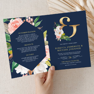 Invitación Boda Código QR Ampersand Naval Floral Rosa Rubor