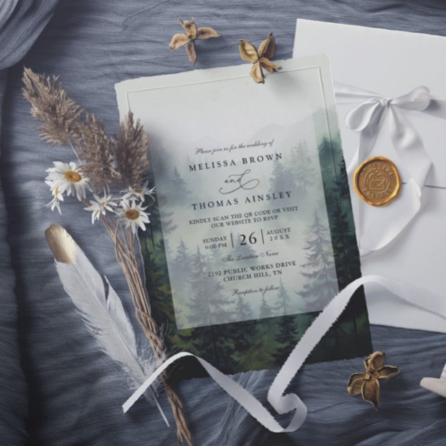 Invitación Boda Código QR Árboles Pinos Bosque Rústico Elegan (Subido por el creador)