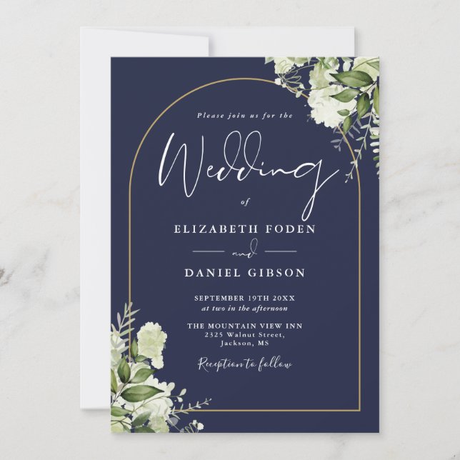 Invitación Boda Código QR Arco Dorado Verde Azul Marítimo (Anverso)