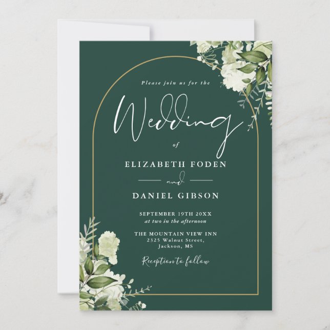 Invitación Boda Código QR Arco Dorado Verde Esmeralda (Anverso)