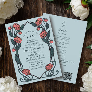 Invitación Boda Código QR Arte Nouveau Elegante Peonía Rosa