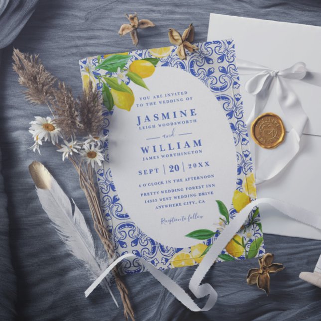 Invitación Boda Código QR Azul Boho Baldosas y Limones (Subido por el creador)