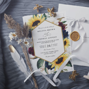 Invitación Boda Código QR Azul Mariner Burgundy Girasol