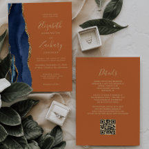 Boda Código QR Azul Marino Ágata Dorada Naranja Qu