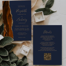 Boda Código QR Azul Marino Ágata Naranja Quemada D