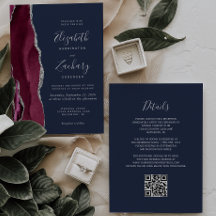 Boda Código QR Azul Marino Ágata Plateada Borgoña
