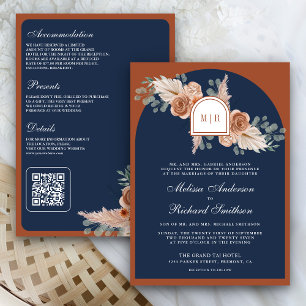 Invitación Boda Código QR Azul Marino Floral de Terracota Pam