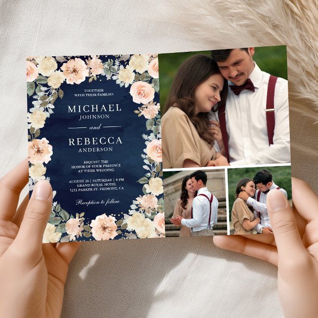Invitación Boda Código QR Azul Marino Floral Melocotón Polvor (Subido por el creador)