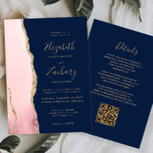 Boda Código QR Azul Marino Oro Rosa Rubor