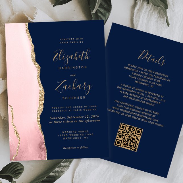Invitación Boda Código QR Azul Marino Oro Rosa Rubor (Subido por el creador)