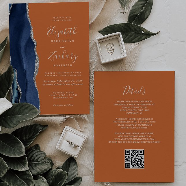 Invitación Boda Código QR Azul Marino Plata Ágata Óxido (Subido por el creador)
