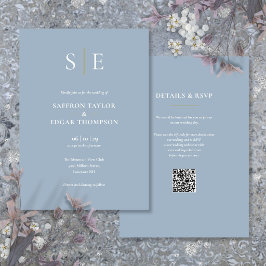 Invitación Boda Código QR Azul Polvo Monograma