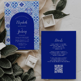 Invitación Boda Código QR Azulejo Portugués Arco Azul Rústico