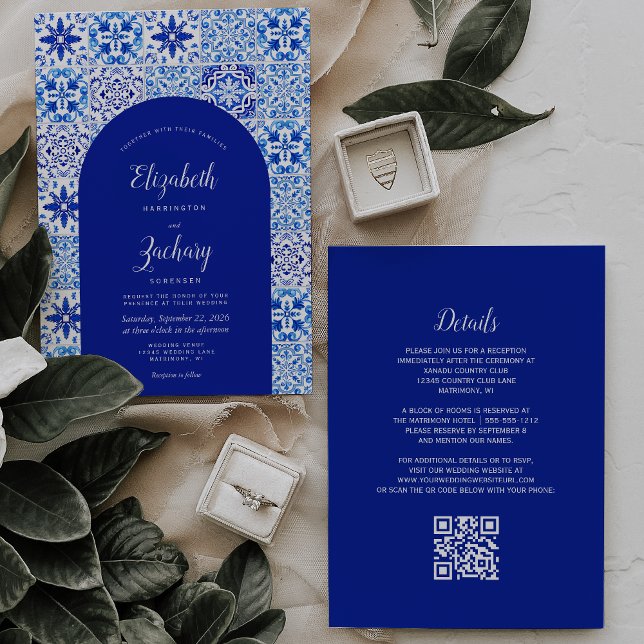 Invitación Boda Código QR Azulejo Portugués Arco Azul Rústico (Subido por el creador)