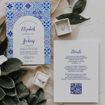 Boda Código QR Azulejo Portugués Arco Azul Rústico