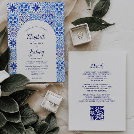 Invitación Boda Código QR Azulejo Portugués Arco Azul Rústico