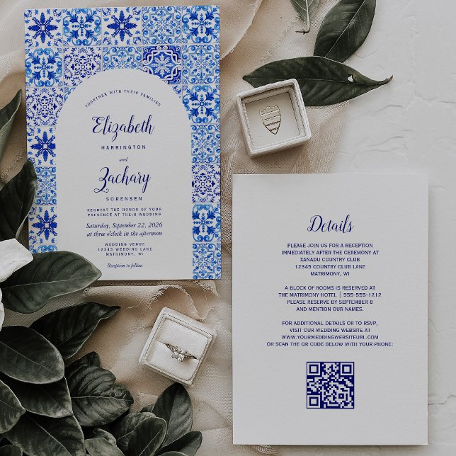 Invitación Boda Código QR Azulejo Portugués Arco Azul Rústico (Subido por el creador)