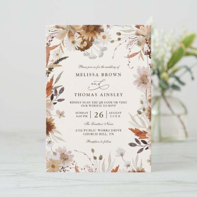 Invitación Boda Código QR Beige Flor Silvestre de Otoño Boho (Anverso de pie)