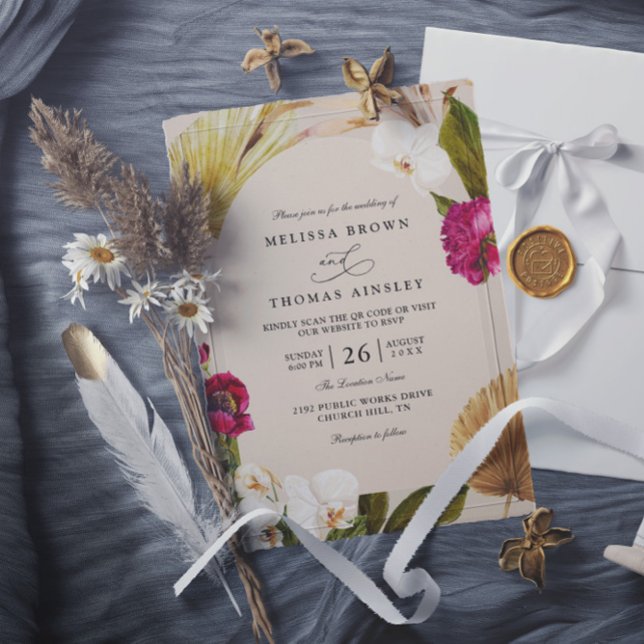 Invitación Boda Código QR Beige Neutral Verde Rojo Boho Chic (Subido por el creador)