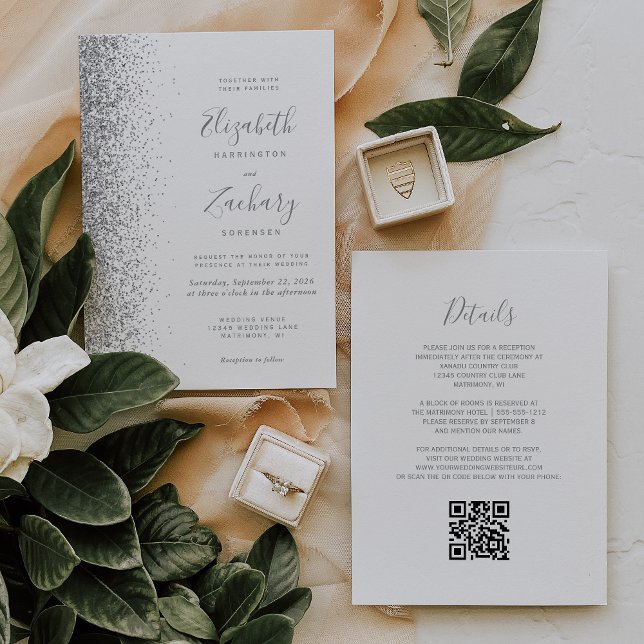 Invitación Boda Código QR Blanco con Brillo Plateado Moderno (Subido por el creador)