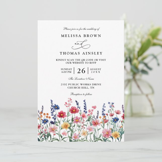 Invitación Boda Código QR Boho Campo Rústico Flor Silvestre (Anverso de pie)