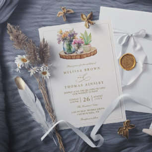 Invitación Boda Código QR Boho Flores silvestres madera Tarro