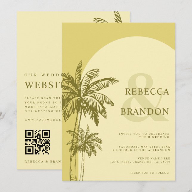 Invitación Boda Código QR Boho Playa Palma Amarillo (Anverso / Reverso)