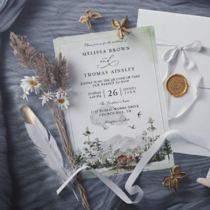Invitación Boda Código QR Bosque Ciervo Montaña Árbol Pino
