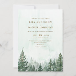 Invitación Boda Código QR Bosque de Pinos Acuarela Rústica