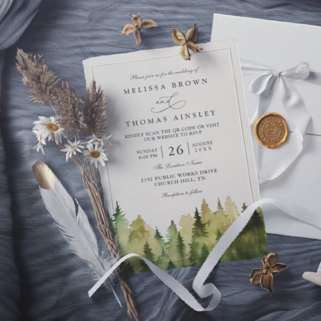 Invitación Boda Código QR Bosque de Pinos Rústico Elegante (Subido por el creador)