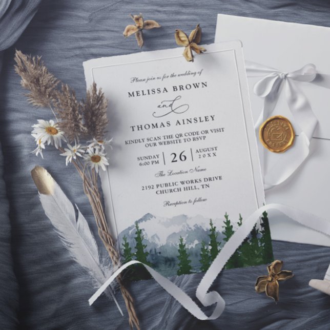 Invitación Boda Código QR Bosque Rústico Acuarela Montaña (Subido por el creador)