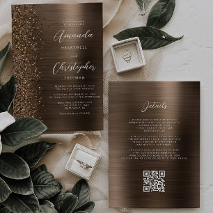 Invitación Boda Código QR Brillo de Metal Bronceado Cepillado