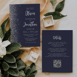 Invitación Boda Código QR Brillo Plateado Azul Oscuro