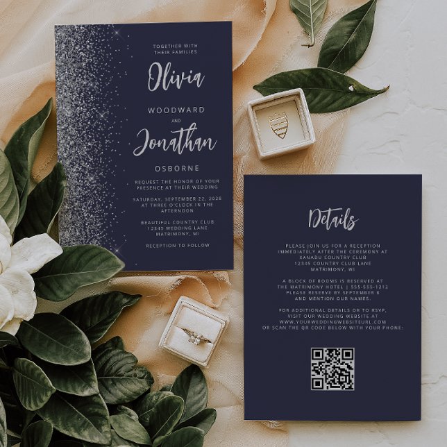 Invitación Boda Código QR Brillo Plateado Azul Oscuro (Subido por el creador)